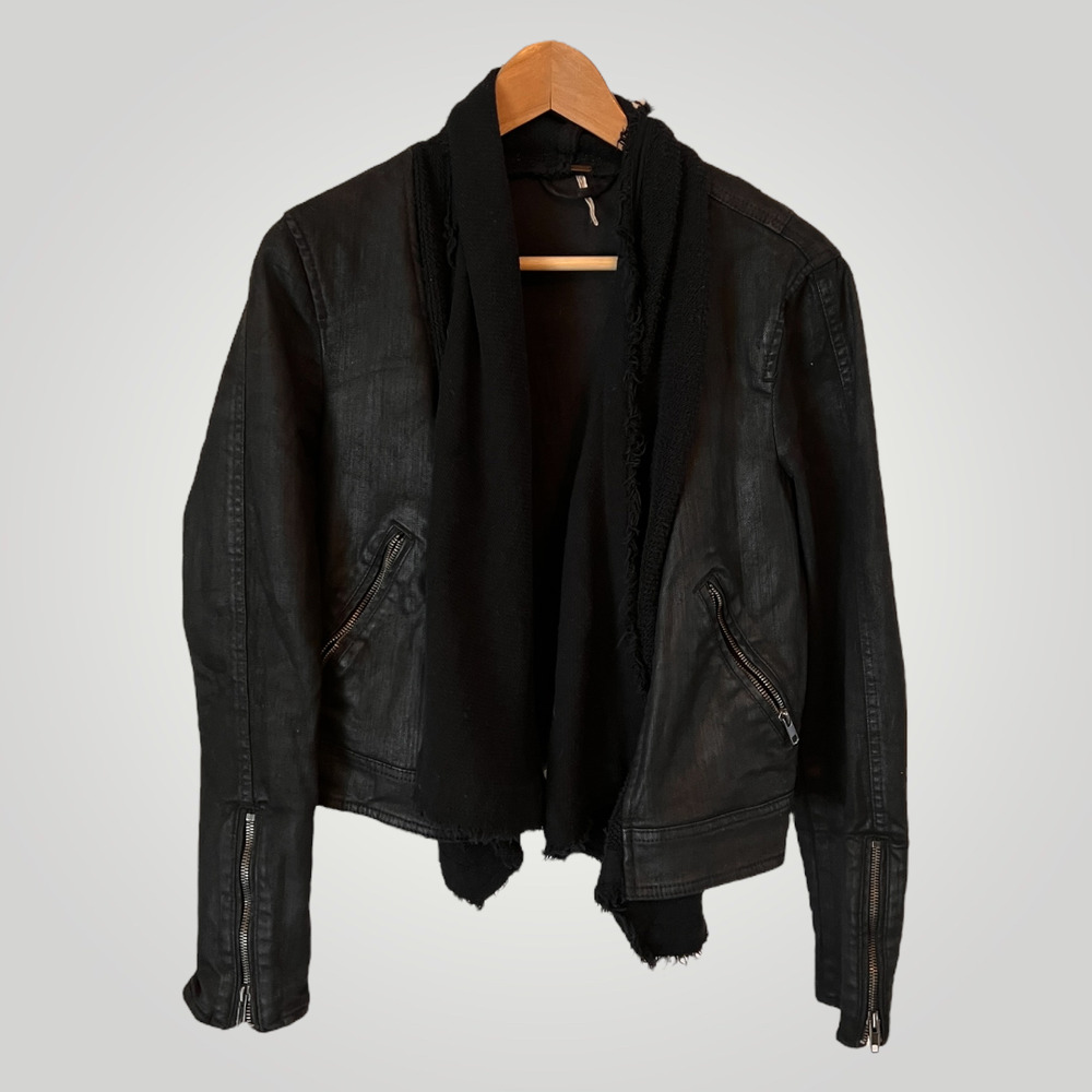 Free People Black Denim Jacket with Built-in Scarf - 6